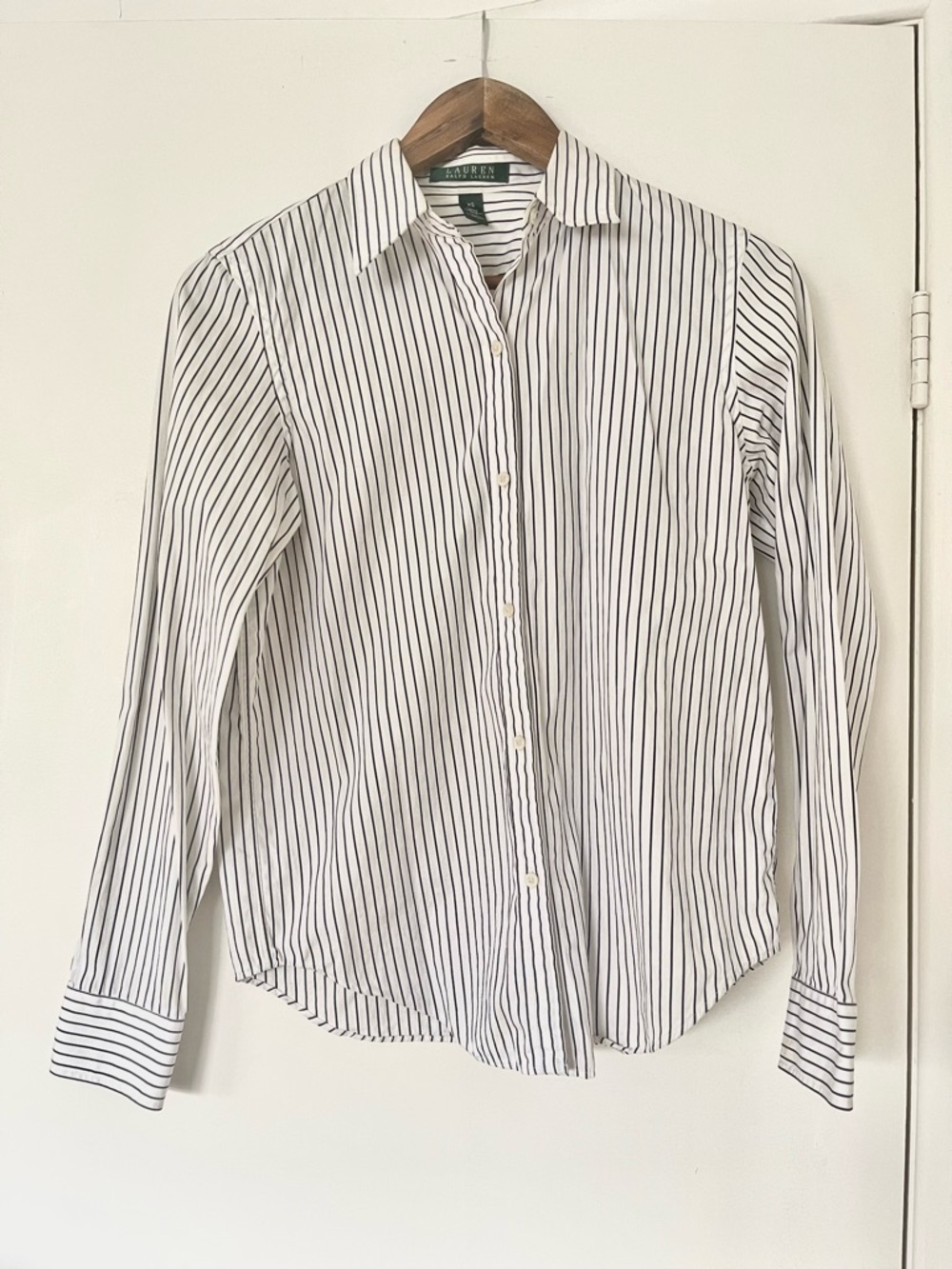 Ralph Lauren White Button-Up Collar Dress Shirt with Black Pinstripes